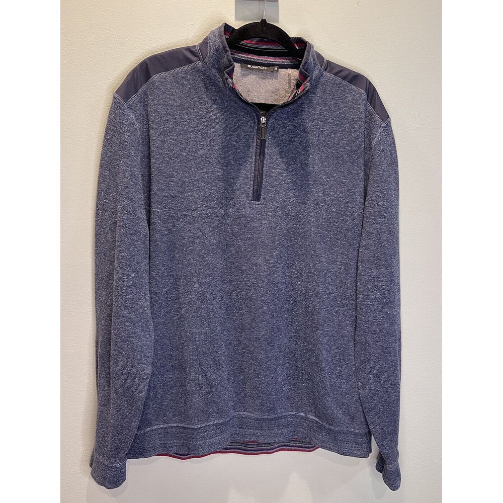 Bugatchi Pullover Men's XL Blue 1/4 Zip Long Sleeve Cotton Polyester